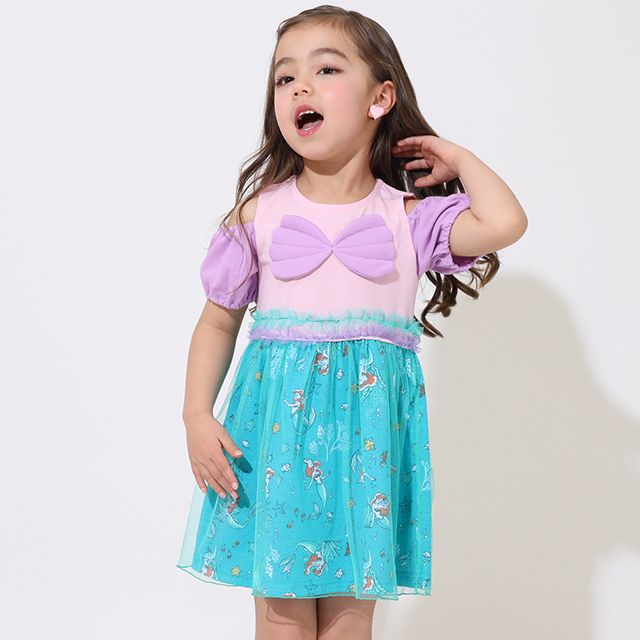 【ベビードール】アリエル なりきるワンピース 5127K / ベビーサイズ キッズ トップス 半袖 チュール フリル パフスリーブ ウエストゴム入り 立体モチーフ プリンセス 仮装 コスチューム コスプレ