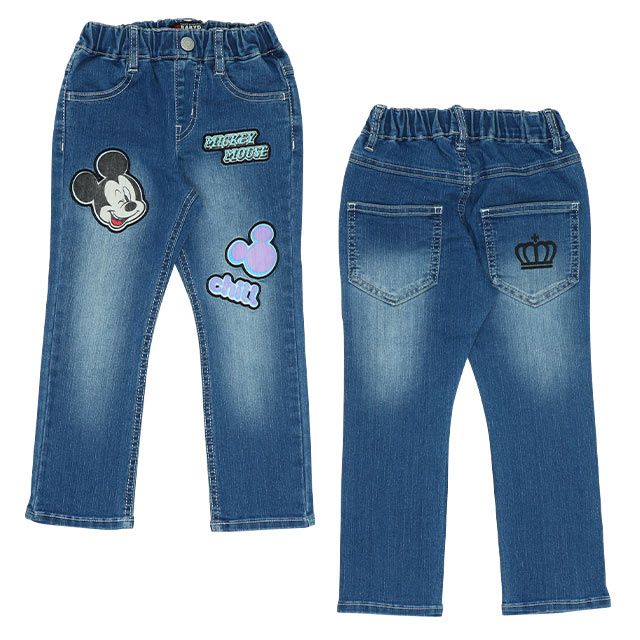 【ベビードール】ミッキー キャラクターワッペンロングパンツ 5390K oa21 / ベビーサイズ キッズ ボトム 長ズボン ジーパン ジーンズ デニム ウエスト総ゴム ゴム穴付き ベルトループ フェイクボタン