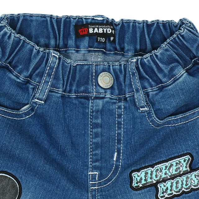 【ベビードール】ミッキー キャラクターワッペンロングパンツ 5390K oa21 / ベビーサイズ キッズ ボトム 長ズボン ジーパン ジーンズ デニム ウエスト総ゴム ゴム穴付き ベルトループ フェイクボタン