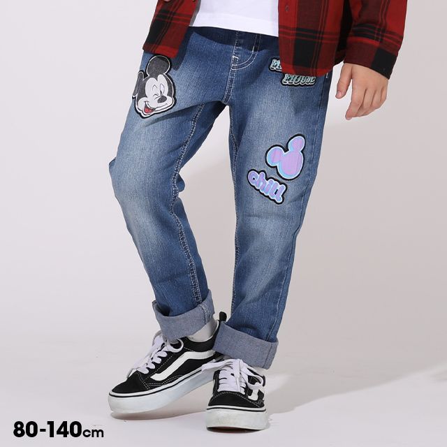 【ベビードール】ミッキー キャラクターワッペンロングパンツ 5390K oa21 / ベビーサイズ キッズ ボトム 長ズボン ジーパン ジーンズ デニム ウエスト総ゴム ゴム穴付き ベルトループ フェイクボタン
