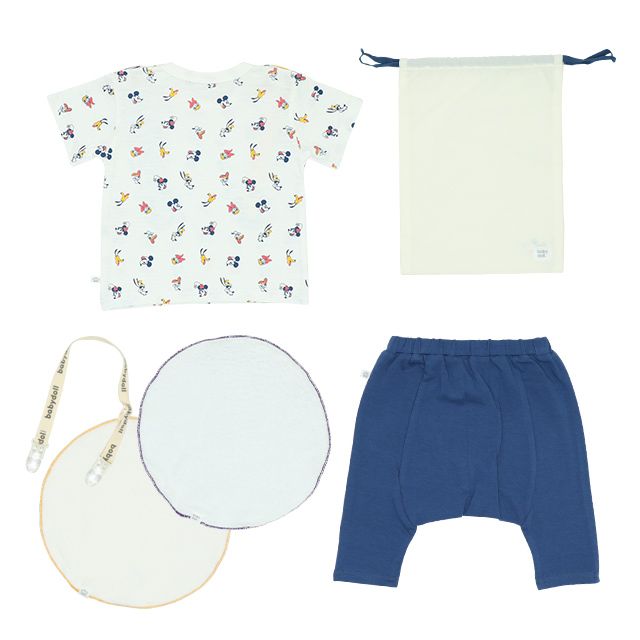 【ベビードール】ミッキー ギフトBOX付き 5点ギフトセット 6262B 【DY】 / ベビーサイズ 赤ちゃん 出産祝い 贈り物 プレゼント ベビー服 ベビー用品 半袖 Tシャツ ズボン モンキーパンツ スタイ クリップ 巾着 コーデセット