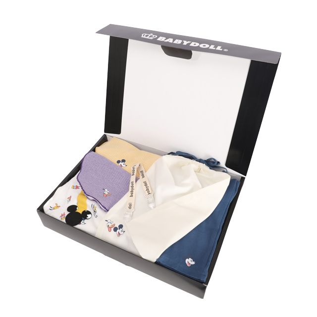 【ベビードール】ミッキー ギフトBOX付き 5点ギフトセット 6262B 【DY】 / ベビーサイズ 赤ちゃん 出産祝い 贈り物 プレゼント ベビー服 ベビー用品 半袖 Tシャツ ズボン モンキーパンツ スタイ クリップ 巾着 コーデセット