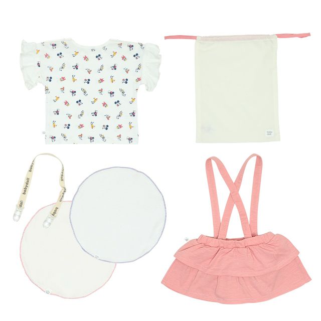 【ベビードール】ミニー ギフトBOX付き 5点ギフトセット 6263B 【DY】 / ベビーサイズ 赤ちゃん 出産祝い 贈り物 プレゼント ベビー服 ベビー用品 半袖 Tシャツ スカート スタイ クリップ 巾着 コーデセット