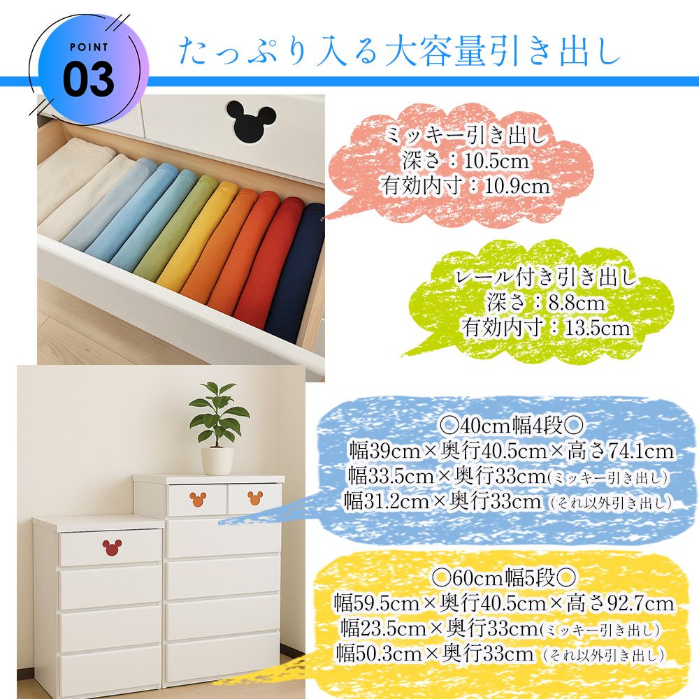 60cm幅 5段　ミキット 木製  ミッキーマウス チェスト 収納ボックス 日本製 ホワイト タンス 子供部屋 ディズニー家具