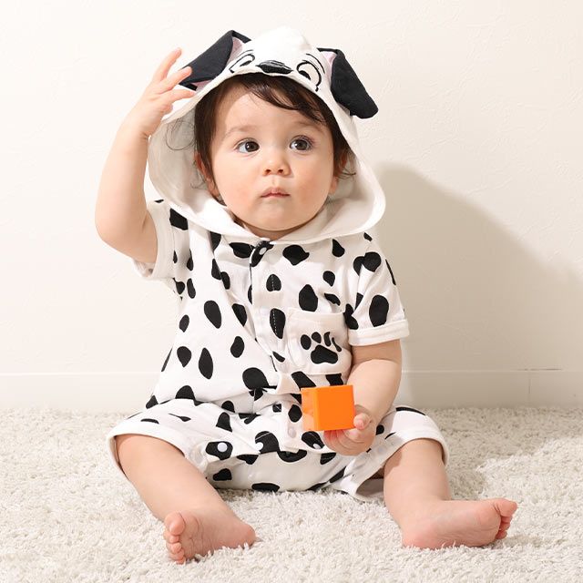 【ベビードール】１０１匹わんちゃん なりきるロンパース 7874B / ベビーサイズ 赤ちゃん 出産祝い 贈り物 プレゼント ベビー服 フード付き 立体モチーフ スナップボタン センター開き 仮装 コスチューム コスプレ