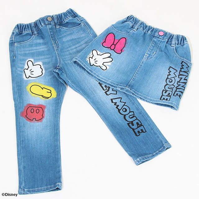 【ベビードール】ミッキー スプレー柄デニムロングパンツ 8017K / ベビーサイズ キッズ ボトムス 長ズボン デニムパンツ ジーパン ウエスト総ゴム ゴム穴付 ベルトループ フェイクボタン