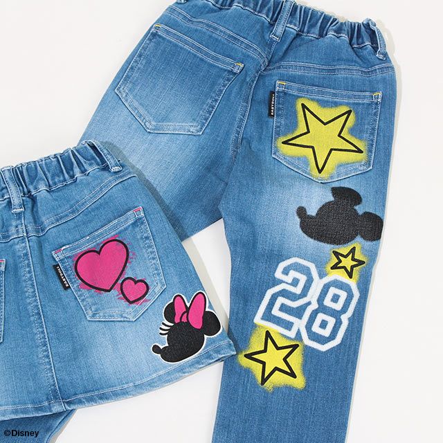 【ベビードール】ミッキー スプレー柄デニムロングパンツ 8017K / ベビーサイズ キッズ ボトムス 長ズボン デニムパンツ ジーパン ウエスト総ゴム ゴム穴付 ベルトループ フェイクボタン