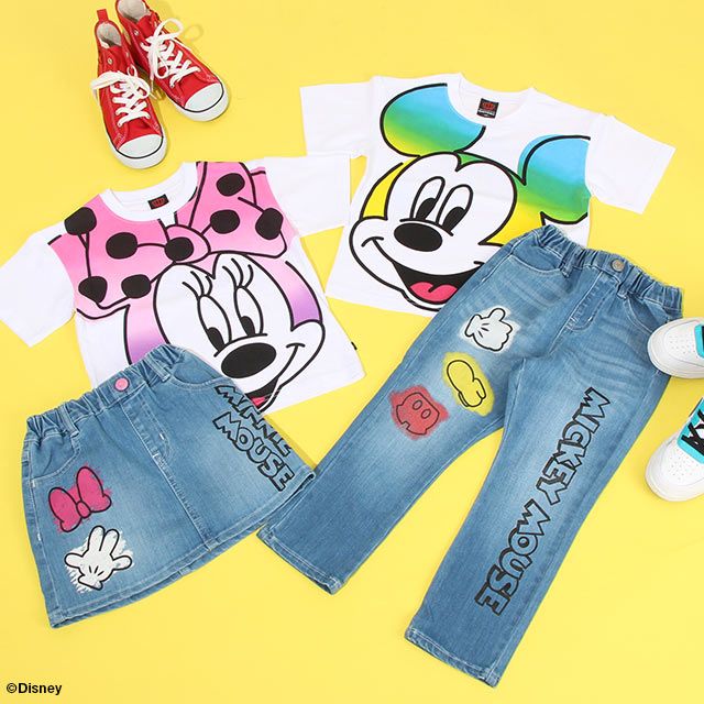 【ベビードール】ミッキー スプレー柄デニムロングパンツ 8017K / ベビーサイズ キッズ ボトムス 長ズボン デニムパンツ ジーパン ウエスト総ゴム ゴム穴付 ベルトループ フェイクボタン