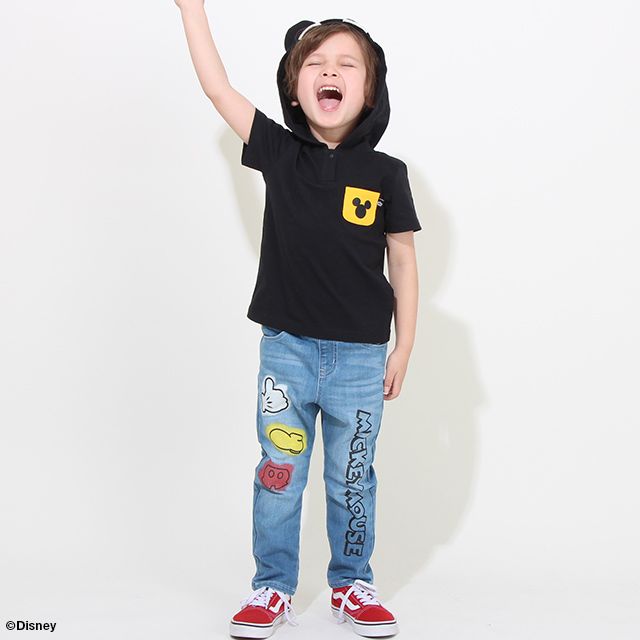 【ベビードール】ミッキー スプレー柄デニムロングパンツ 8017K / ベビーサイズ キッズ ボトムス 長ズボン デニムパンツ ジーパン ウエスト総ゴム ゴム穴付 ベルトループ フェイクボタン