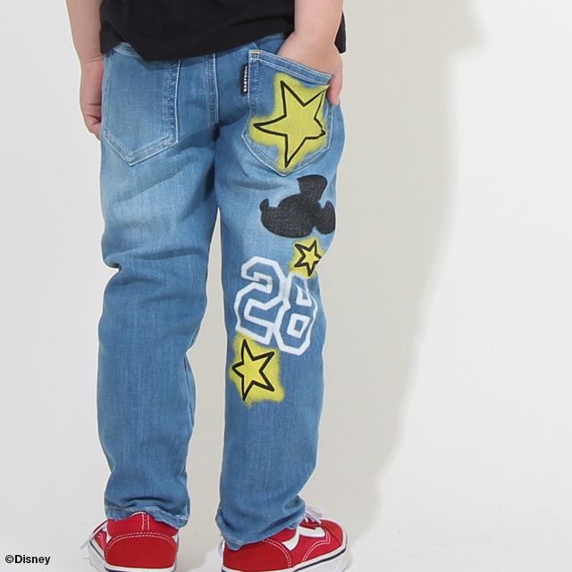 【ベビードール】ミッキー スプレー柄デニムロングパンツ 8017K / ベビーサイズ キッズ ボトムス 長ズボン デニムパンツ ジーパン ウエスト総ゴム ゴム穴付 ベルトループ フェイクボタン