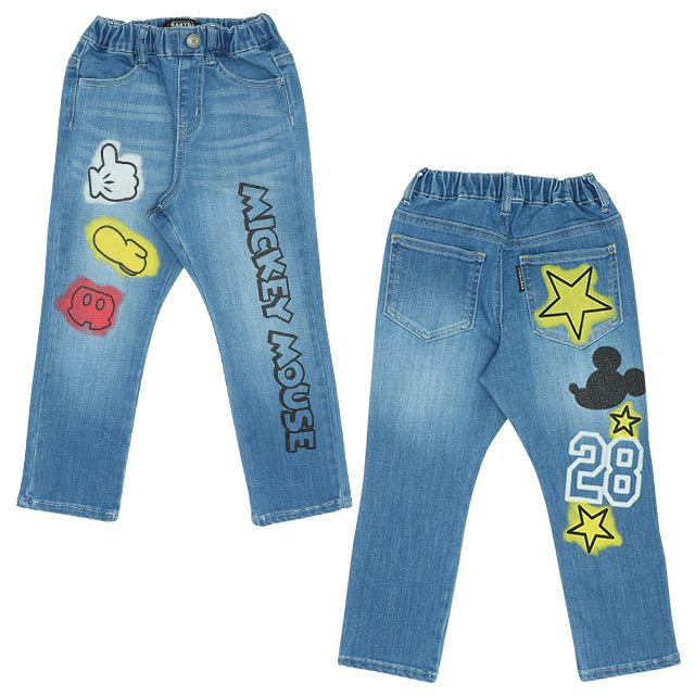 【ベビードール】ミッキー スプレー柄デニムロングパンツ 8017K / ベビーサイズ キッズ ボトムス 長ズボン デニムパンツ ジーパン ウエスト総ゴム ゴム穴付 ベルトループ フェイクボタン