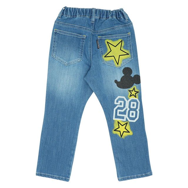 【ベビードール】ミッキー スプレー柄デニムロングパンツ 8017K / ベビーサイズ キッズ ボトムス 長ズボン デニムパンツ ジーパン ウエスト総ゴム ゴム穴付 ベルトループ フェイクボタン
