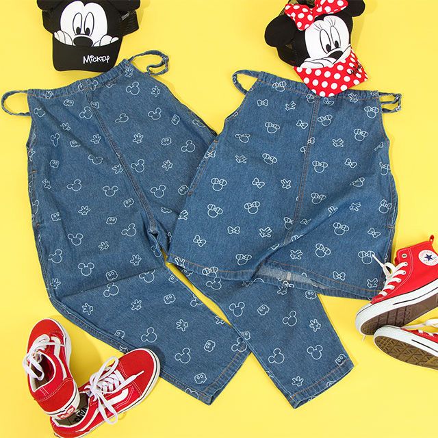 【ベビードール】ミニー 総柄ジャンパースカート 8020K / ベビーサイズ キッズ リンクコーデ ペアルック デニム 抜染プリント 肩紐長さ調節可