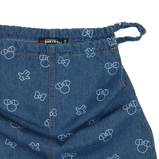 【ベビードール】ミニー 総柄ジャンパースカート 8020K / ベビーサイズ キッズ リンクコーデ ペアルック デニム 抜染プリント 肩紐長さ調節可