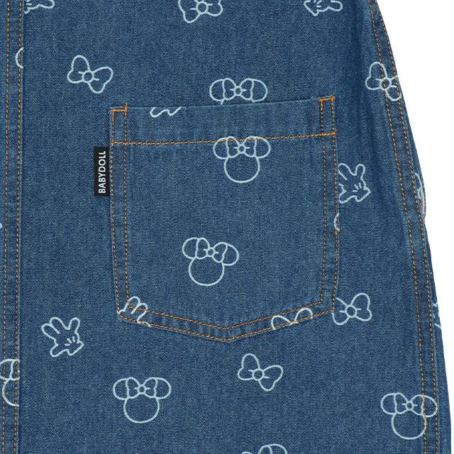 【ベビードール】ミニー 総柄ジャンパースカート 8020K / ベビーサイズ キッズ リンクコーデ ペアルック デニム 抜染プリント 肩紐長さ調節可