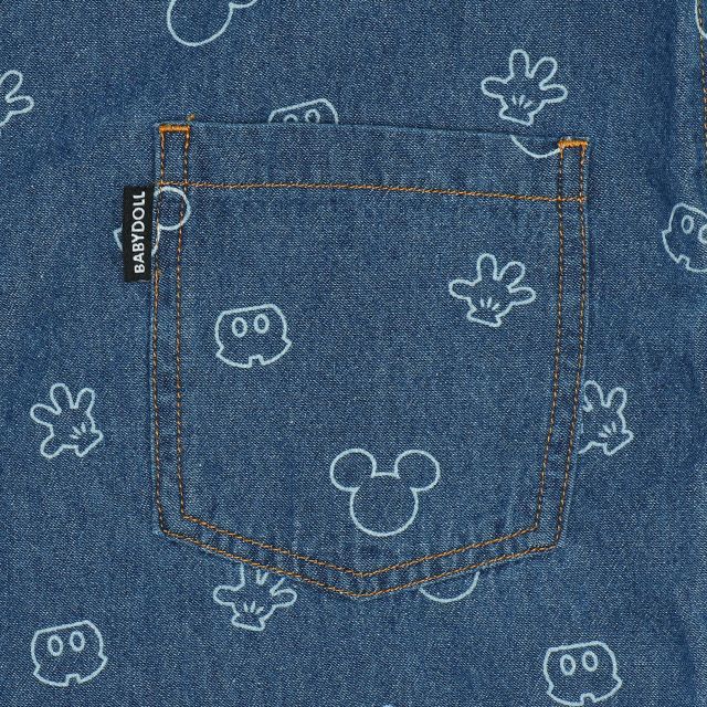【ベビードール】ミッキー 総柄サロペット 8023K / ベビーサイズ キッズ リンクコーデ ペアルック ボトム 長ズボン つなぎ デニム 抜染プリント 肩紐長さ調節可