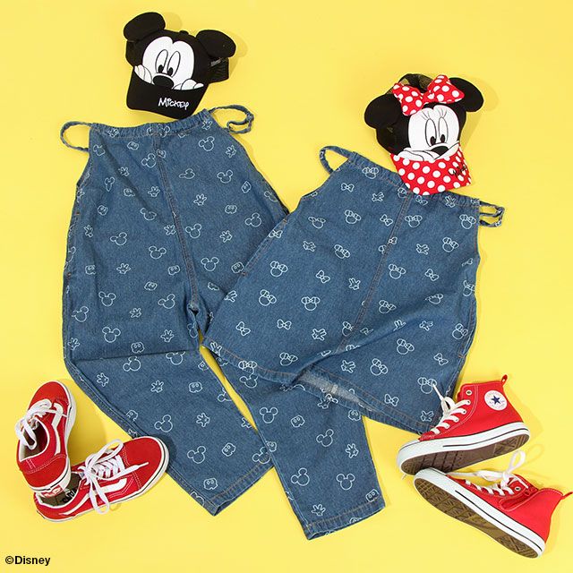 【ベビードール】ミッキー 総柄サロペット 8023K / ベビーサイズ キッズ リンクコーデ ペアルック ボトム 長ズボン つなぎ デニム 抜染プリント 肩紐長さ調節可