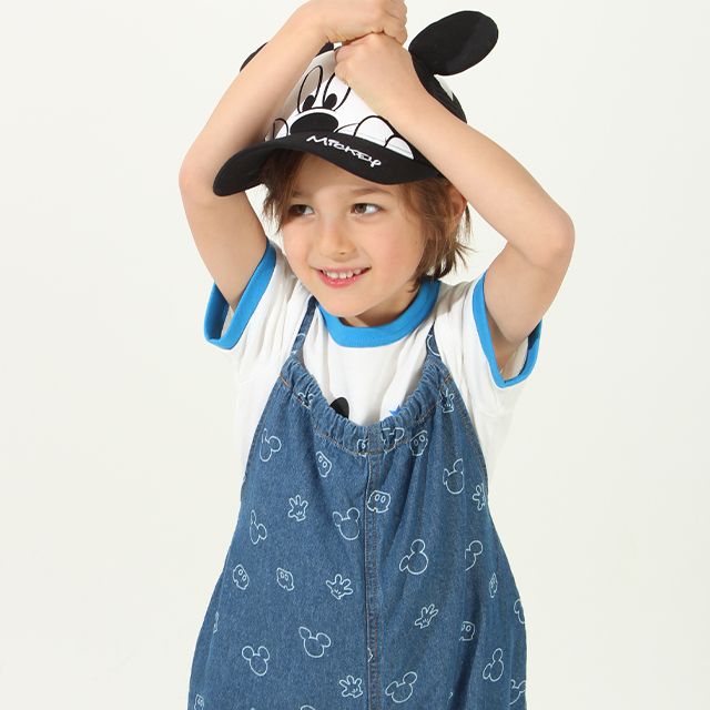 【ベビードール】ミッキー 総柄サロペット 8023K / ベビーサイズ キッズ リンクコーデ ペアルック ボトム 長ズボン つなぎ デニム 抜染プリント 肩紐長さ調節可