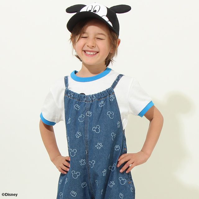【ベビードール】ミッキー 総柄サロペット 8023K / ベビーサイズ キッズ リンクコーデ ペアルック ボトム 長ズボン つなぎ デニム 抜染プリント 肩紐長さ調節可