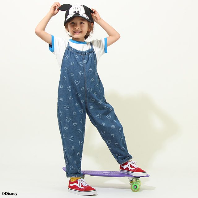 【ベビードール】ミッキー 総柄サロペット 8023K / ベビーサイズ キッズ リンクコーデ ペアルック ボトム 長ズボン つなぎ デニム 抜染プリント 肩紐長さ調節可