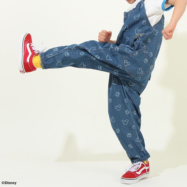 【ベビードール】ミッキー 総柄サロペット 8023K / ベビーサイズ キッズ リンクコーデ ペアルック ボトム 長ズボン つなぎ デニム 抜染プリント 肩紐長さ調節可