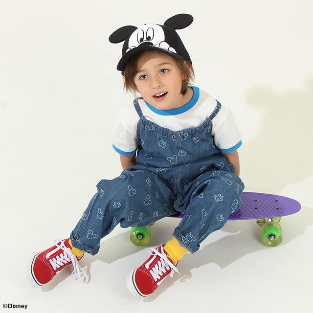 【ベビードール】ミッキー 総柄サロペット 8023K / ベビーサイズ キッズ リンクコーデ ペアルック ボトム 長ズボン つなぎ デニム 抜染プリント 肩紐長さ調節可