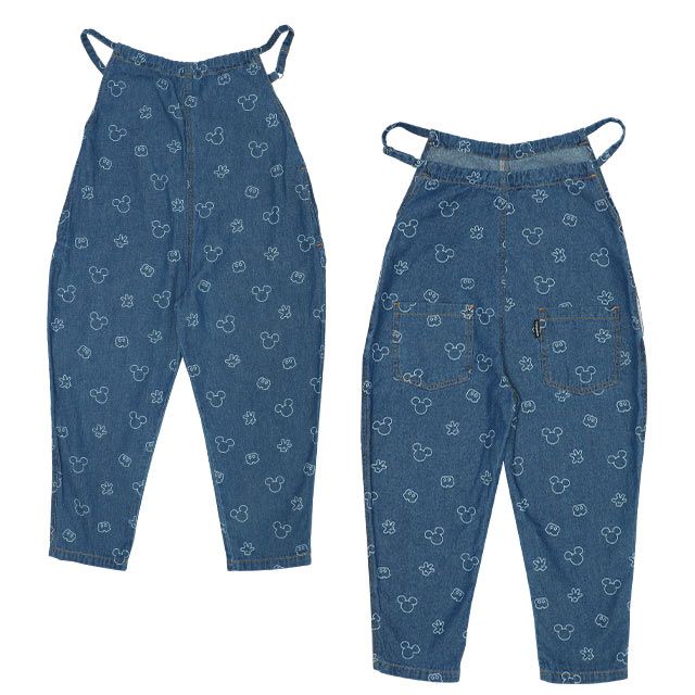【ベビードール】ミッキー 総柄サロペット 8023K / ベビーサイズ キッズ リンクコーデ ペアルック ボトム 長ズボン つなぎ デニム 抜染プリント 肩紐長さ調節可