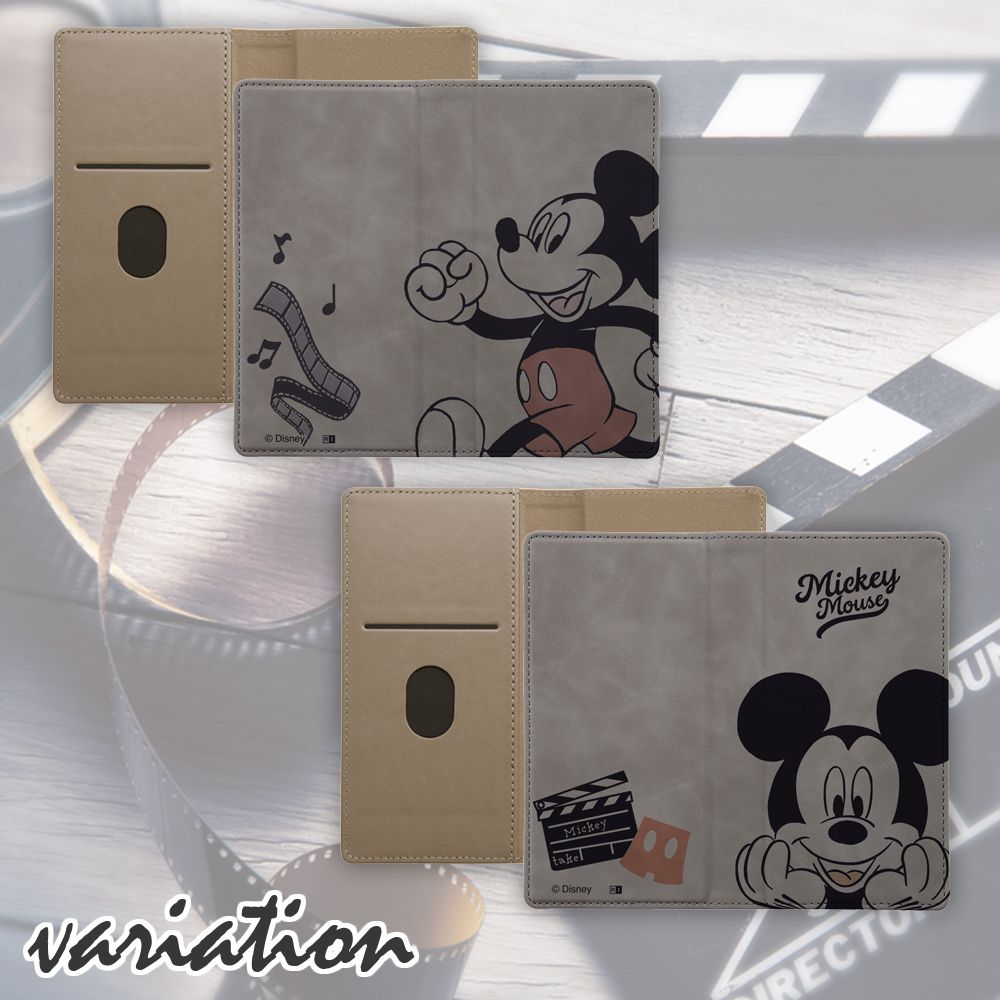 ミッキーマウスとカチンコ 汎用手帳型ケース FLEX むら染めレザー【受注生産】