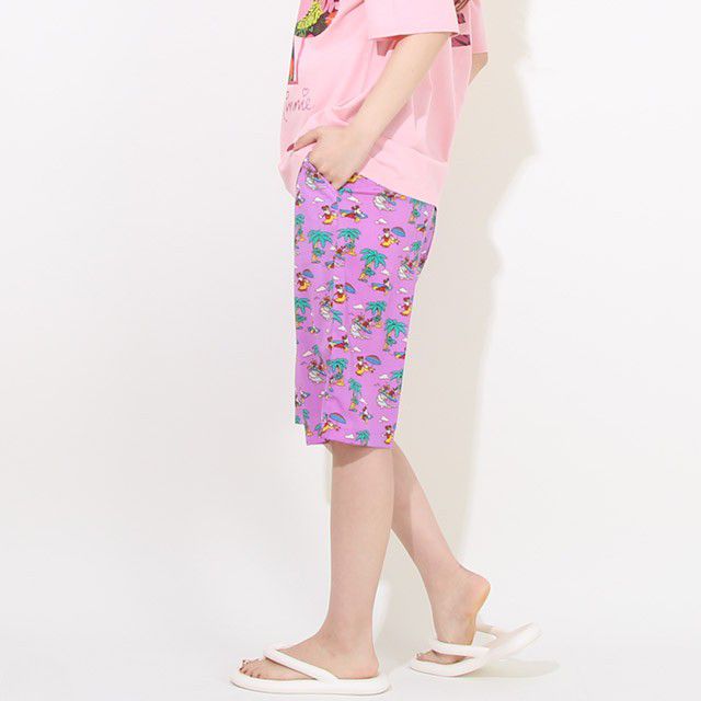 【ベビードール】親子お揃い リゾート柄ハーフパンツ 8267A (トップス別売) / ミッキー ミニー ドナルド 大人 ユニセックス 男女兼用 リンクコーデ ペアルック 親子コーデ ボトムス ショートパンツ 短パン 半ズボン 吸汗 速乾 ウエスト総ゴム フェイクボタン