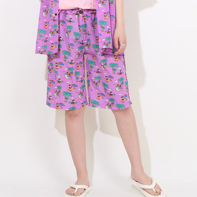 【ベビードール】親子お揃い リゾート柄ハーフパンツ 8267A (トップス別売) / ミッキー ミニー ドナルド 大人 ユニセックス 男女兼用 リンクコーデ ペアルック 親子コーデ ボトムス ショートパンツ 短パン 半ズボン 吸汗 速乾 ウエスト総ゴム フェイクボタン