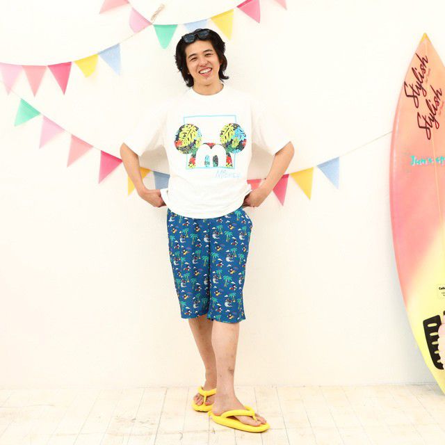 【ベビードール】親子お揃い リゾート柄ハーフパンツ 8267A (トップス別売) / ミッキー ミニー ドナルド 大人 ユニセックス 男女兼用 リンクコーデ ペアルック 親子コーデ ボトムス ショートパンツ 短パン 半ズボン 吸汗 速乾 ウエスト総ゴム フェイクボタン