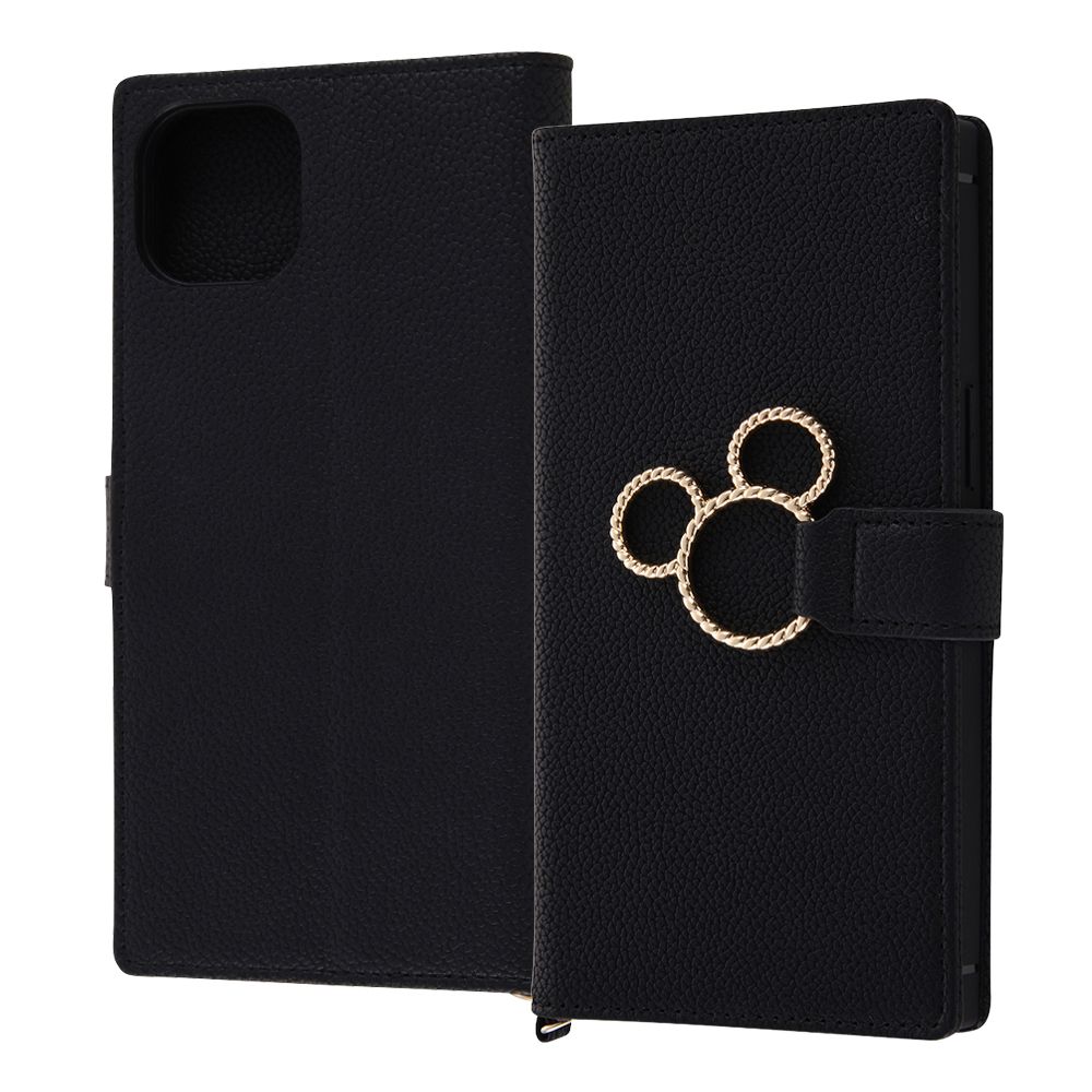 『ディズニーキャラクター』/耐衝撃 手帳型レザーケース KAKU Ring/ミッキー_ミツマル/ブラック