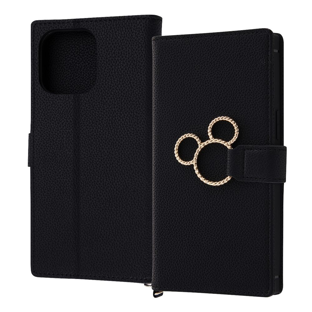 『ディズニーキャラクター』/耐衝撃 手帳型レザーケース KAKU Ring/ミッキー_ミツマル/ブラック