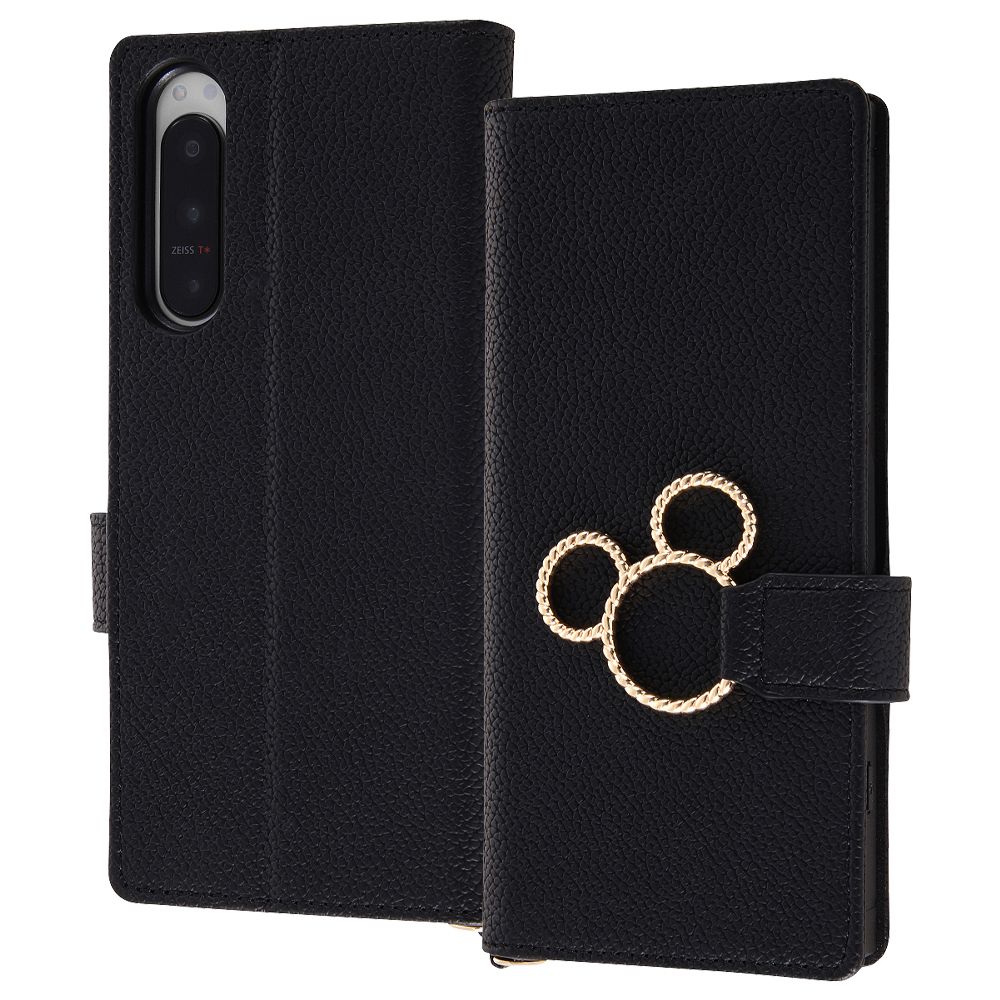 『ディズニーキャラクター』/耐衝撃 手帳型レザーケース KAKU Ring/ミッキー_ミツマル/ブラック