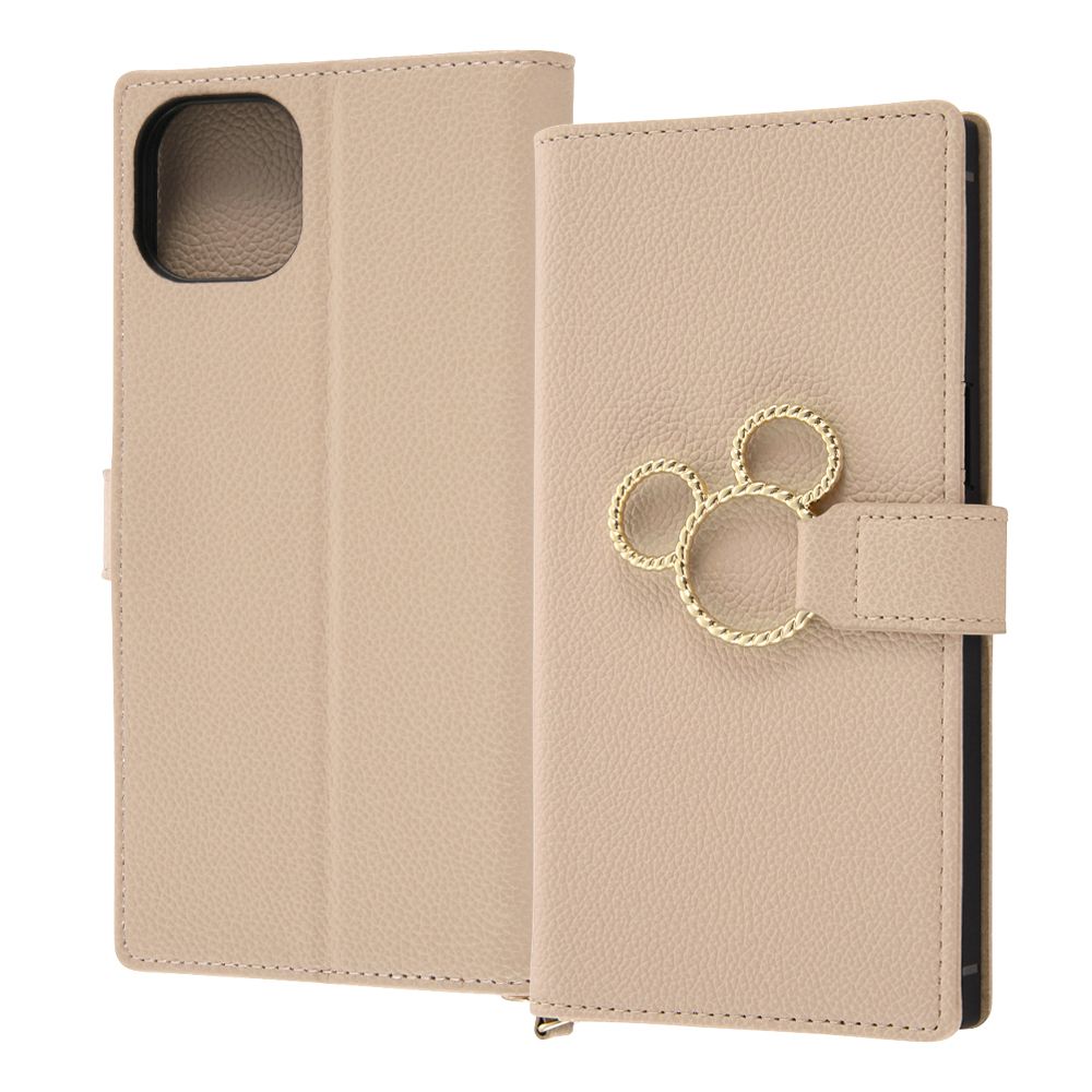 『ディズニーキャラクター』/耐衝撃 手帳型レザーケース KAKU Ring/ミッキー_ミツマル/ベージュ