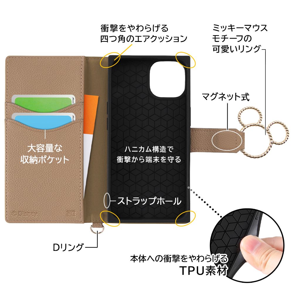 『ディズニーキャラクター』/耐衝撃 手帳型レザーケース KAKU Ring/ミッキー_ミツマル/モカ