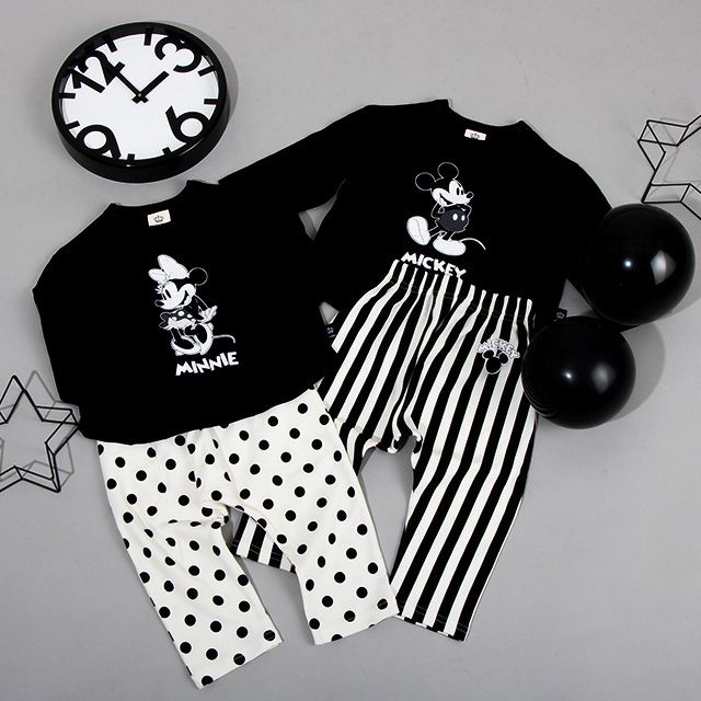 【ベビードール】ミニー セットアップ 上下2点セット 8526B / ベビーサイズ 赤ちゃん 出産祝い 贈り物 プレゼント ベビー服 長袖 Tシャツ ボトム 長ズボン パンツ ウエスト総ゴム ゴム穴付 モノトーン コーデセット