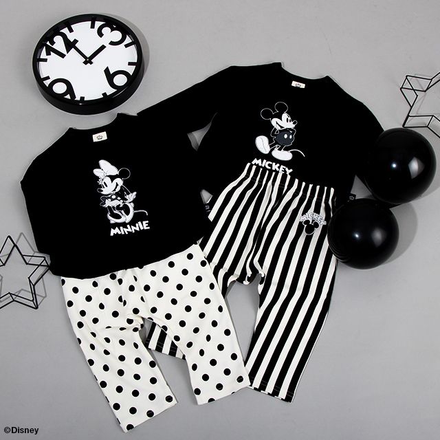 【ベビードール】ミニー セットアップ 上下2点セット 8526B / ベビーサイズ 赤ちゃん 出産祝い 贈り物 プレゼント ベビー服 長袖 Tシャツ ボトム 長ズボン パンツ ウエスト総ゴム ゴム穴付 モノトーン コーデセット