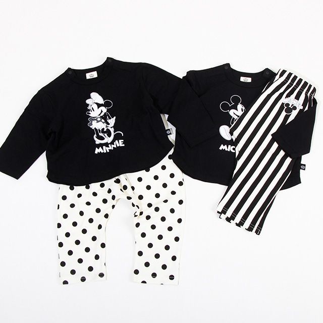 【ベビードール】ミニー セットアップ 上下2点セット 8526B / ベビーサイズ 赤ちゃん 出産祝い 贈り物 プレゼント ベビー服 長袖 Tシャツ ボトム 長ズボン パンツ ウエスト総ゴム ゴム穴付 モノトーン コーデセット
