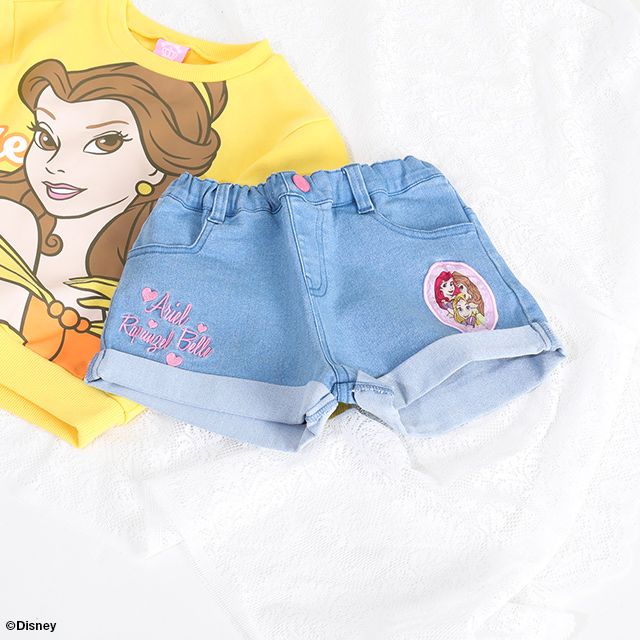 【ベビードール】プリンセス / ショートパンツ 8556K / アリエル ベル ラプンツェル キッズ ボトムス ショートパンツ 短パン 半ズボン ジーンズ ストレッチデニム 楽ちん ウエスト総ゴム ゴム穴付 ベルトループ フェイクボタン ガールズコーデ ガーリー