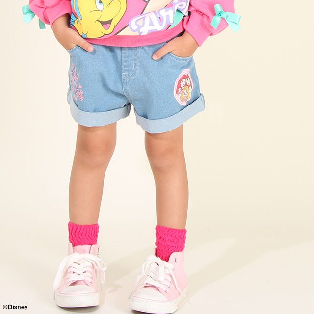 【ベビードール】プリンセス / ショートパンツ 8556K / アリエル ベル ラプンツェル キッズ ボトムス ショートパンツ 短パン 半ズボン ジーンズ ストレッチデニム 楽ちん ウエスト総ゴム ゴム穴付 ベルトループ フェイクボタン ガールズコーデ ガーリー