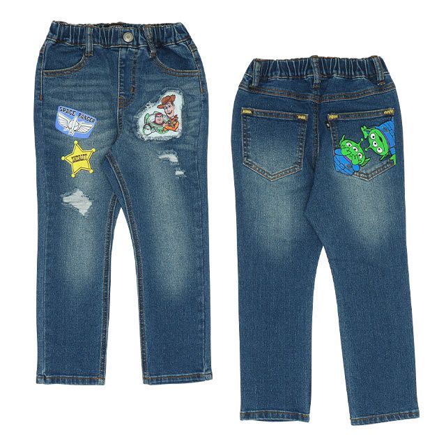 【ベビードール】トイ・ストーリー ダメージデニムロングパンツ 8593K / ベビーサイズ キッズ ボトムス 長ズボン ジーンズ ジーパン ウエスト総ゴム ゴム穴付 ベルトループ フェイクボタン ウッディ バズ リトルグリーンメン