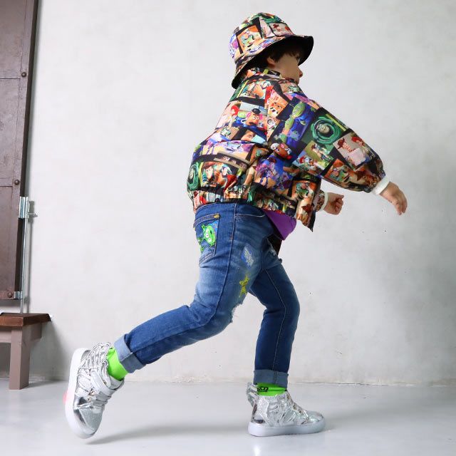 【ベビードール】トイ・ストーリー ダメージデニムロングパンツ 8593K / ベビーサイズ キッズ ボトムス 長ズボン ジーンズ ジーパン ウエスト総ゴム ゴム穴付 ベルトループ フェイクボタン ウッディ バズ リトルグリーンメン