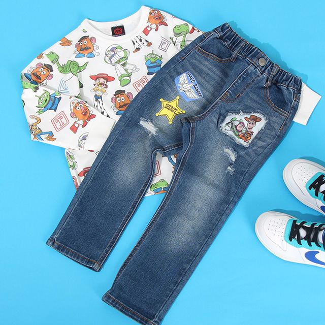 【ベビードール】トイ・ストーリー ダメージデニムロングパンツ 8593K / ベビーサイズ キッズ ボトムス 長ズボン ジーンズ ジーパン ウエスト総ゴム ゴム穴付 ベルトループ フェイクボタン ウッディ バズ リトルグリーンメン