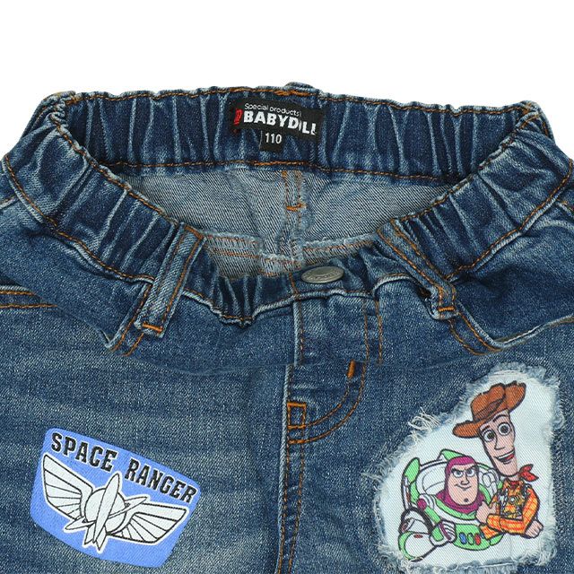 【ベビードール】トイ・ストーリー ダメージデニムロングパンツ 8593K / ベビーサイズ キッズ ボトムス 長ズボン ジーンズ ジーパン ウエスト総ゴム ゴム穴付 ベルトループ フェイクボタン ウッディ バズ リトルグリーンメン