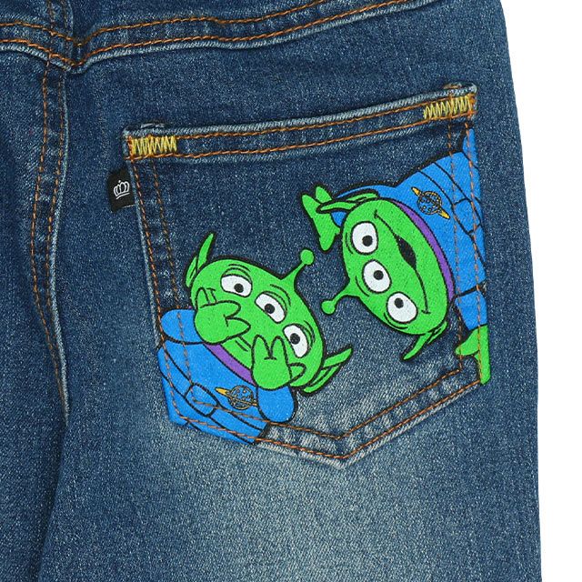 【ベビードール】トイ・ストーリー ダメージデニムロングパンツ 8593K / ベビーサイズ キッズ ボトムス 長ズボン ジーンズ ジーパン ウエスト総ゴム ゴム穴付 ベルトループ フェイクボタン ウッディ バズ リトルグリーンメン