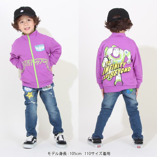 【ベビードール】バズ バックプリントジャケット 8594K / ベビーサイズ キッズ トップス 長袖 スウェット 羽織り ライトアウター ブルゾン フード無し カンガルーポケット 90cmはファスナーガード付き