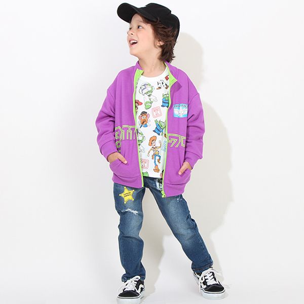 【ベビードール】バズ バックプリントジャケット 8594K / ベビーサイズ キッズ トップス 長袖 スウェット 羽織り ライトアウター ブルゾン フード無し カンガルーポケット 90cmはファスナーガード付き