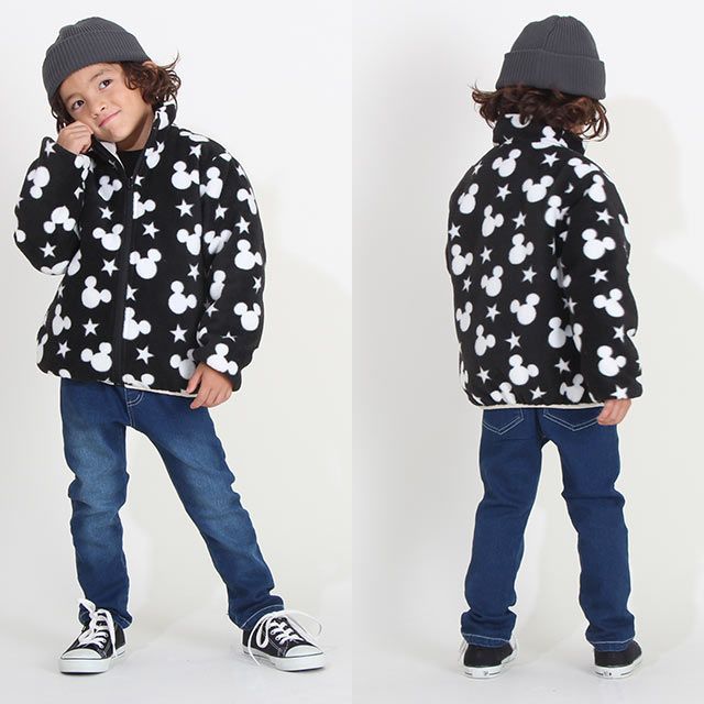 【ベビードール】ミッキー リバーシブル中綿アウター 8700K / ベビーサイズ キッズ トップス 長袖 アウター ジャケット ブルゾン ジャンパー 羽織 中綿 フリース 80・90cmファスナーガード付き あったか 秋冬