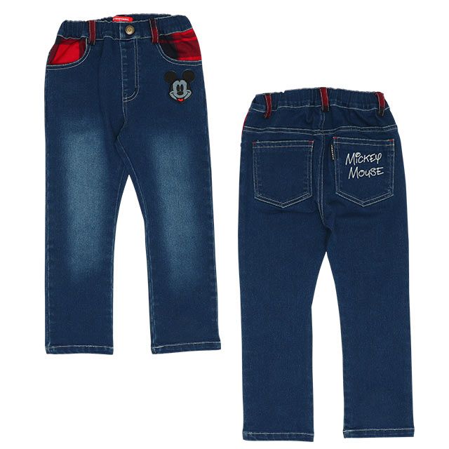【ベビードール】ミッキー デニムロングパンツ 8743K / ベビーサイズ キッズ ボトムス 長ズボン ジーンズ ジーパン ストレッチ 楽ちん ウエスト総ゴム ゴム穴付 ベルトループ フェイクボタン